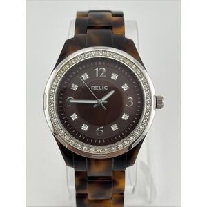 Relic Watch Women Pave 37mm ZR11893 Silver‎ Tone 6" Tortoise Band- New Battery